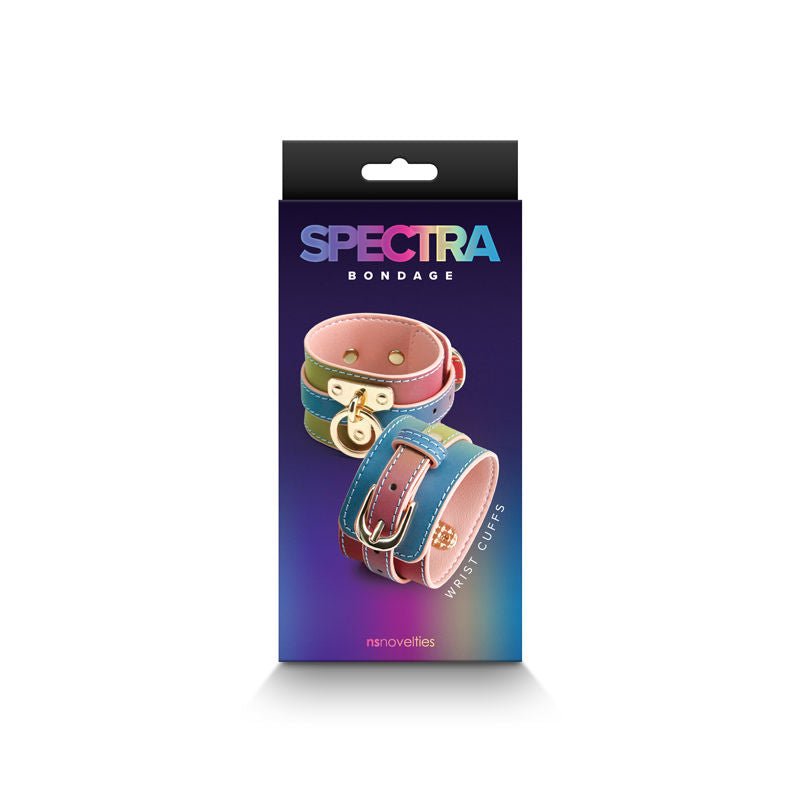 Spectra bondage - wrist cuffs - rainbow -  box front view | Flirtybay.com.au